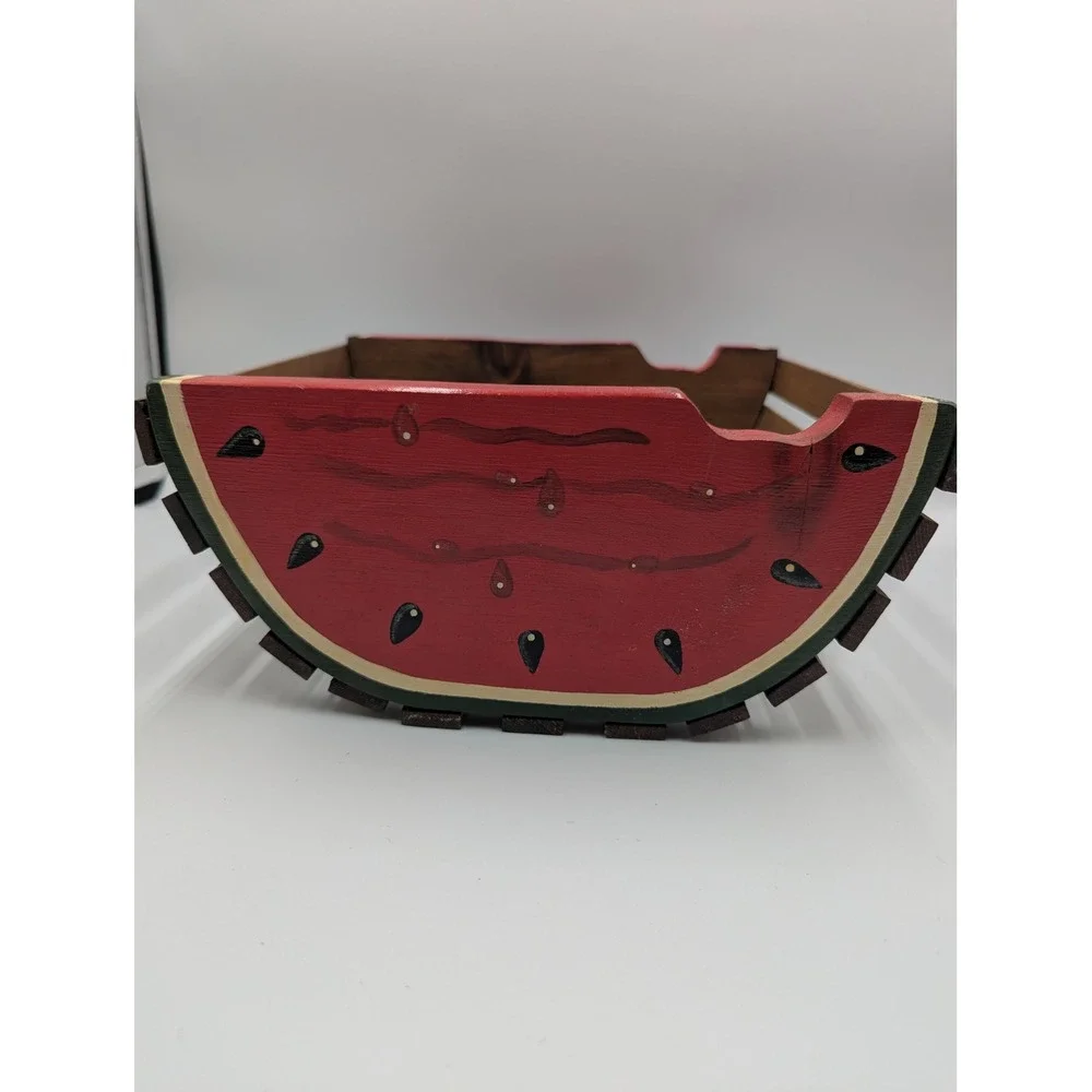 Watermelon Wood Slat Crate Red Green Hand Painted Fruit Basket Cottagecore Fruit